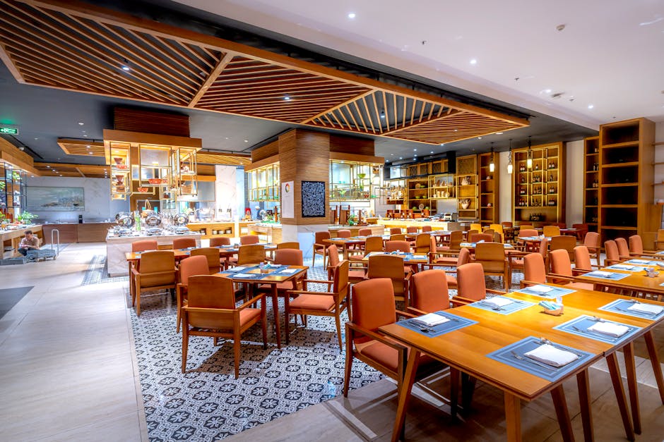 Spacious modern restaurant interior with luxury tables and chairs, perfect for fine dining